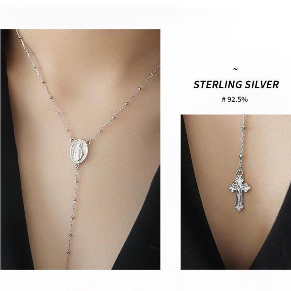 

solid 925 sterling silver rosary bead virgin mary cross necklace women 2mm silver beads pendant necklace silver 45cm