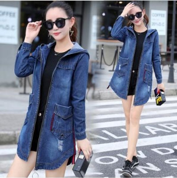 

2019 denim mid-length hooded hole large size 2019 denim women's coat mid-length hooded hole large size women's coat, Black;brown