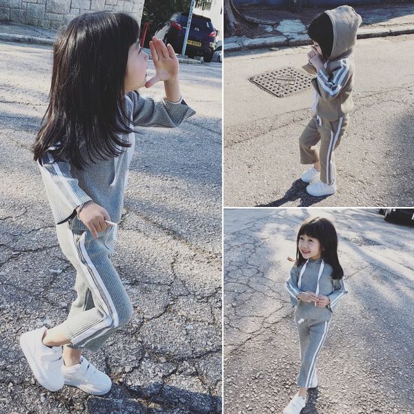 

autumn children's hooded sweater sweater + side pants two-piece suit boys and girls pure color sports suit