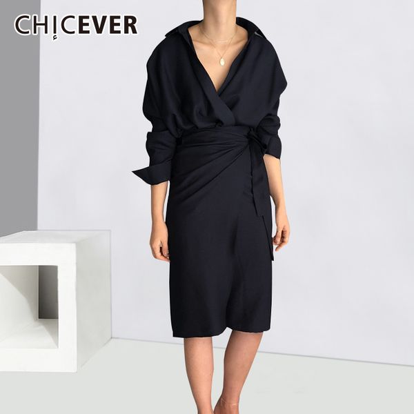 

chicever bow bandage dresses for women v neck long sleeve high waist women's dress female elegant fashion clothing new 2019 ly191114, Black;pink