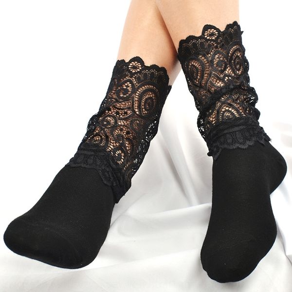 

women's korean style fashion stacked socks lace lace cotton medium long goddess socks, Pink;yellow