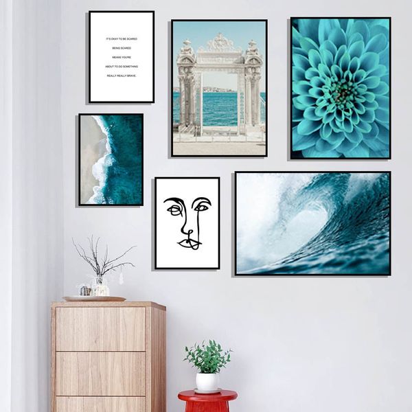 

ocean waves blue flower wall poster sea beach landscape canvas print nordic painting scandinavian art room decoration picture