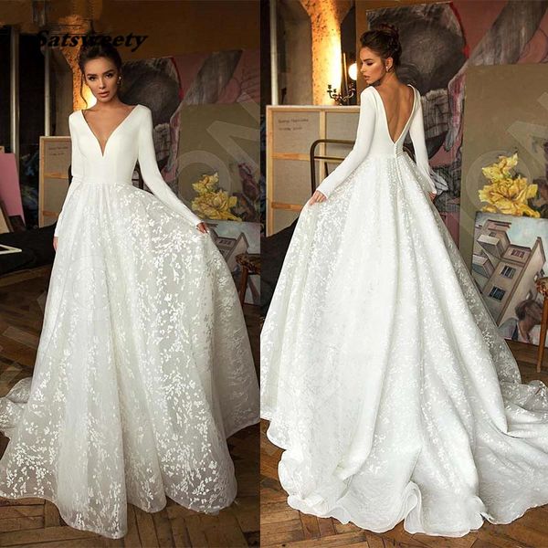 

deep v neck lace wedding dress romantic long sleeve tulle ruched robe de mariee bridal dresses, White