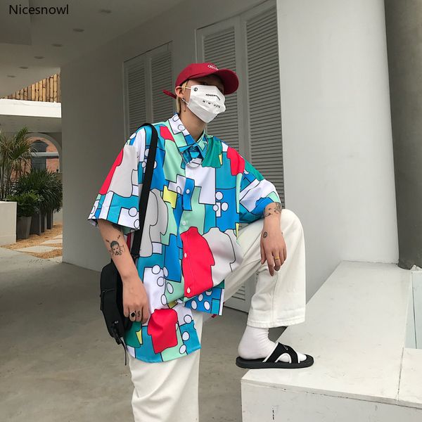 

summer men casual shirt harajuku cardigan short sleeve blouse ulzzang korean clothes clothing vintage streetwear, White;black