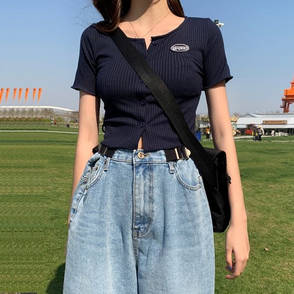 

z2ijz slim slim short-sleeved knitwear women's 2020 spring new korean internet celebrity thin short cardigan knitted shirt short skirt, White;black