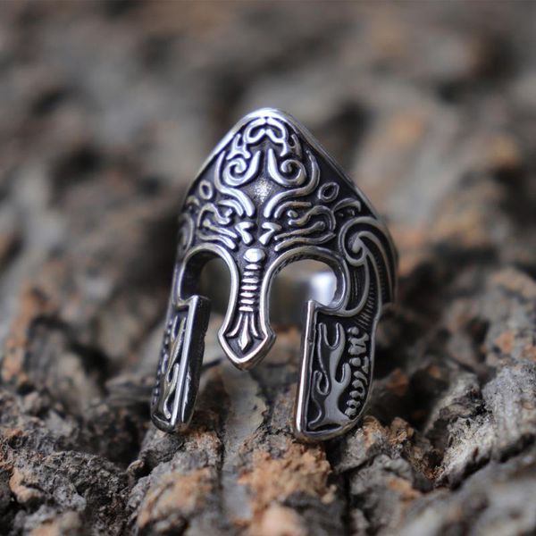 

man viking warrior helmet ring scandinavian pagan norse rune stainless steel rings totem amulet jewelry, Golden;silver