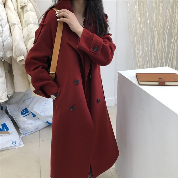 

2020 winter off-season korean ins suit loose slimming wool coat long solid color woolen double-sided cashmere coat for women, Black