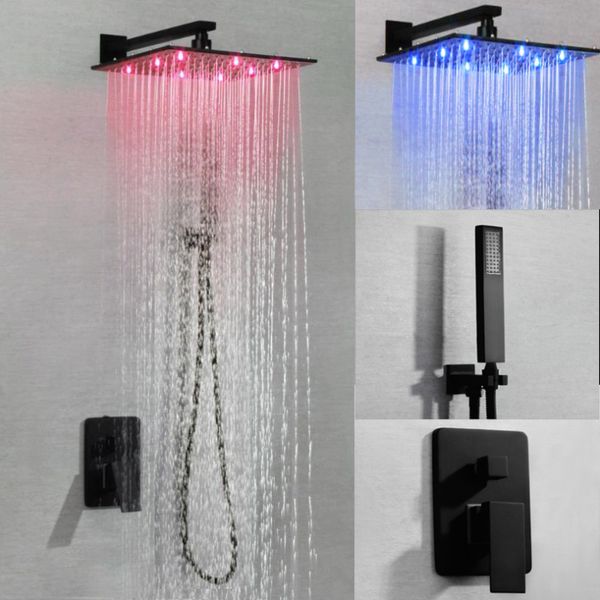 

matt black and cold two functions bathroom shower faucet set 12 inch rgb 3 color change rainfall led shower head system