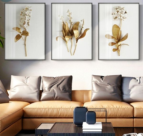 

3 панели золотой завод листья цветы морденом wall art холст стены картины картины для гостиной nordic украшения стены home decor
