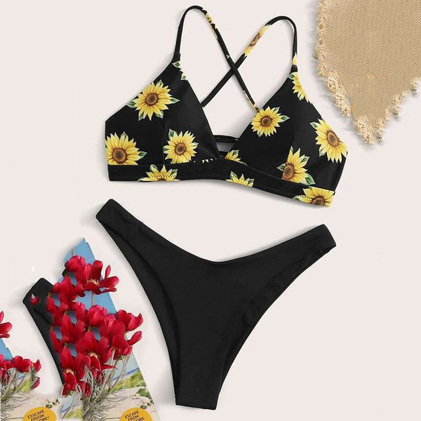 

women sunflower print bikini set two piece beachwear swimsuits woman cross backless push up bikinis swimwear bath suit j30, White;black