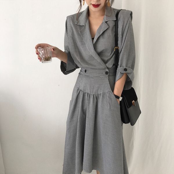

casual dresses vintage women asymmetrical notched solid color button dress elegant korean style chic 2021 stylish official lady, Black;gray