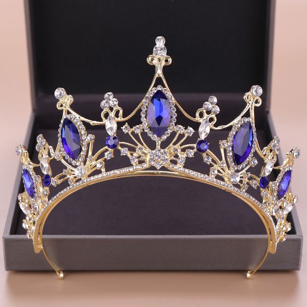 

vintage gold hair jewelry blue crystal rhinestone diadems tiaras and crowns queen princess wedding hair accessories headdress mx200720, White;golden