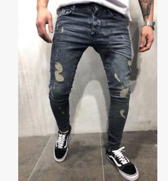 

mens skinny jeans casual slim biker jeans denim knee hole hiphop ripped pants washed fashion a0gi, Blue
