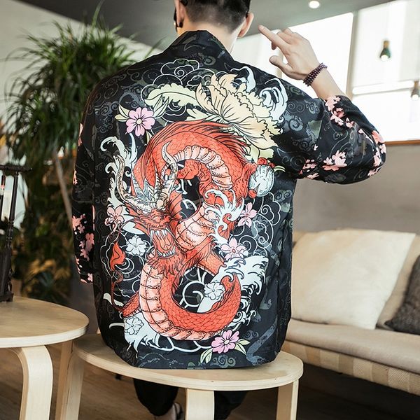 

2019 summer chinese style crane dragon picture xiangyun printed cloak thin cardigan cloak fashion large size men's top, Tan;black