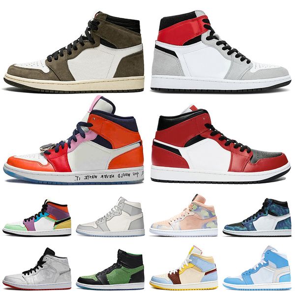 

travis scott 1 jumpman 1 1s og light smoke grey fearless mid chicago black toe basketball shoes women mens trainers sneakers, White;red