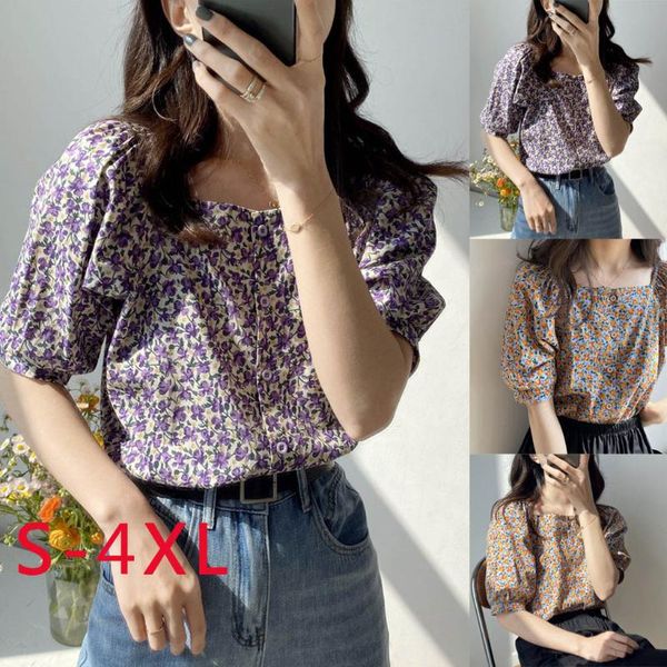 

fashion women button puff short sleeve off shoulder plus size printed female clothes cute ulzzang fashion chic loose leisure#40, White