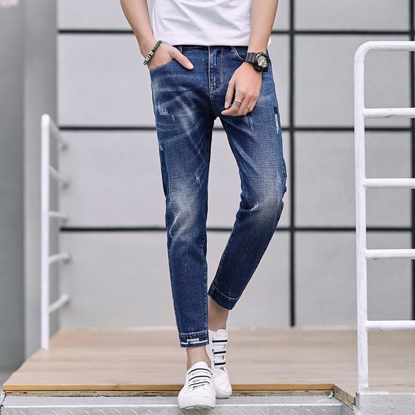 

dj0w0 summer jeans men's ripped stretch slim korean style trendy brand small jeans 9-point pants 9-fen ku 9 fen ku feet 9-point pants, Blue