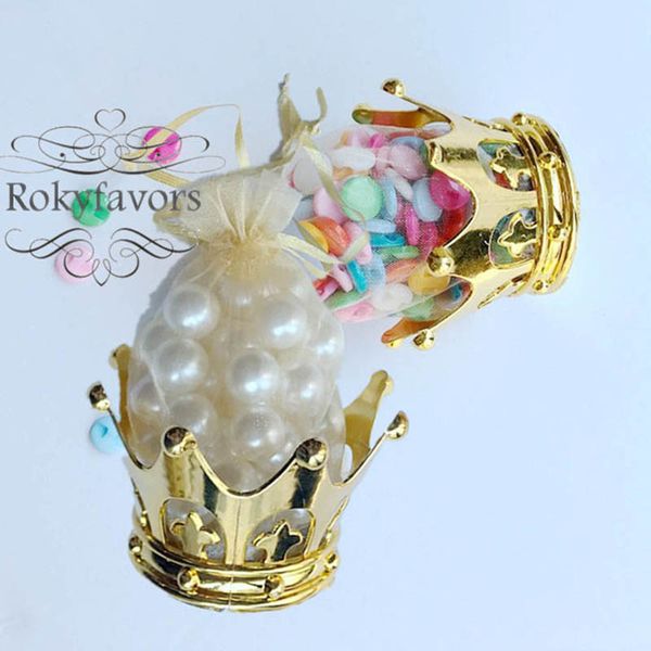 

24pcs golden crown container with organza bag candy package favors wedding reception table sweet decors birthday gift holder