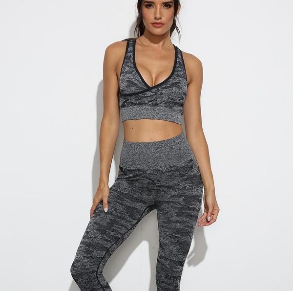 

designer v-neck womens yoga outfits suit runner sportwear tracksuits fitness camouflage print gym two piece set bra leggings long pants, Gray