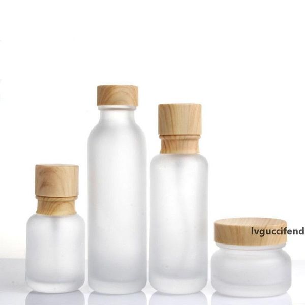 

frosted glass jar lotion cream bottles round cosmetic jars hand face lotion pump bottle with wood grain cap