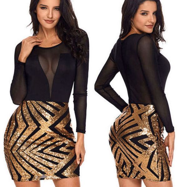 

evening party dresses women dress o-neck bandage clubwear chic bodycon long sleeve casual mesh patchwork mini short dress, Black;gray