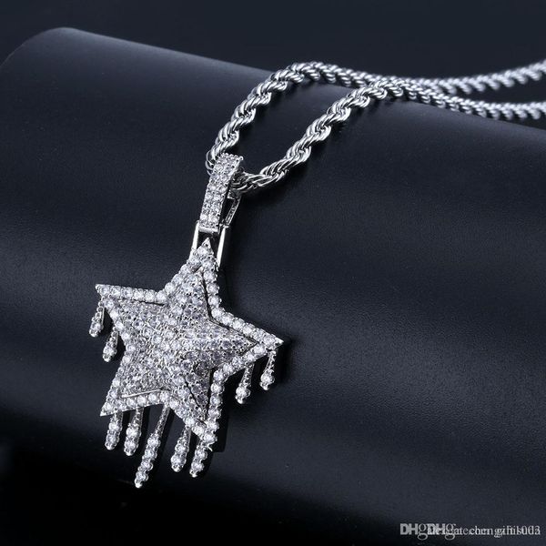 

men fashion iced out metor drip star pendant necklace gold white gold statement cubic zircon charms hip hop jewelry, Silver