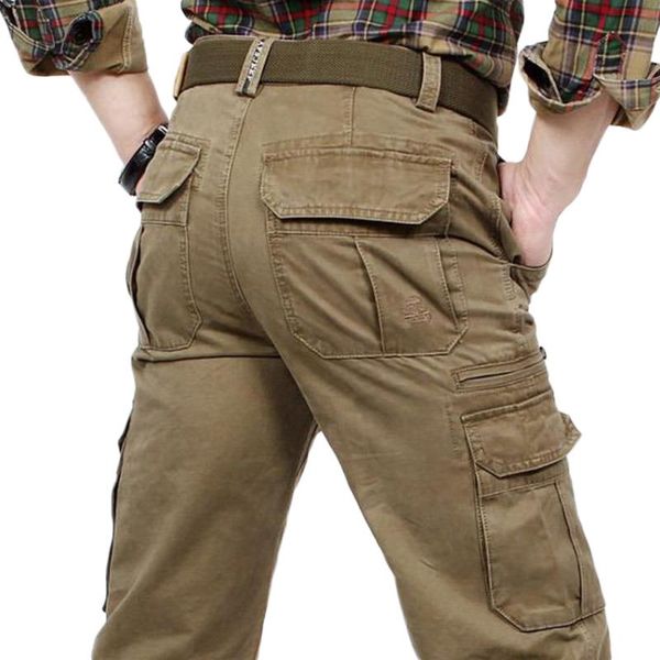 

2020 men cargo pants army green multi pockets combat casual cotton loose straight trousers tactical pants, Black