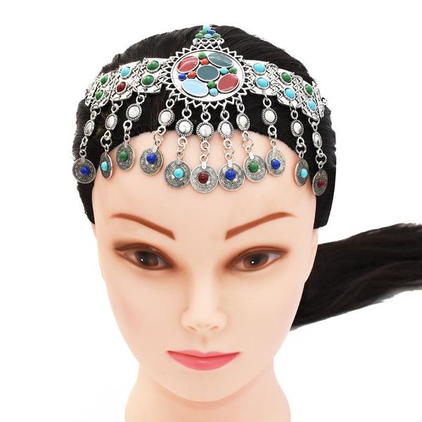 

turkish coin head chains headbands colorful stone beaded bridal headpiece gypsy tribal jewelry wedding hair accessories, Golden;silver