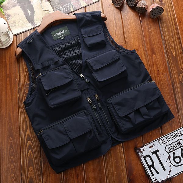 

summer multi pocket classic waistcoat men sleeveless unloading solid coat work vest pgrapher tactical jacket outerwear, Black;white