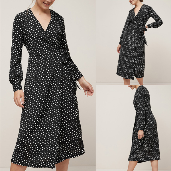 

spring new polka dot printed lantern sleeve v-neck chiffon long sleeve women dress casual button loose ladies black party dress