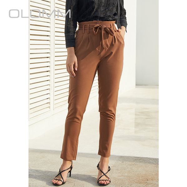 

2020 autumn new commuter all-match simple solid color pants lace-up wooden ear slim high waist casual pants women, Black;white