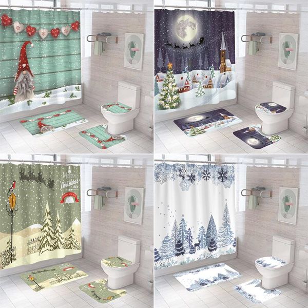 

merry christmas shower curtain for bathroom decoration santa claus tree pattern bath curtains toilet cover mat non slip rug