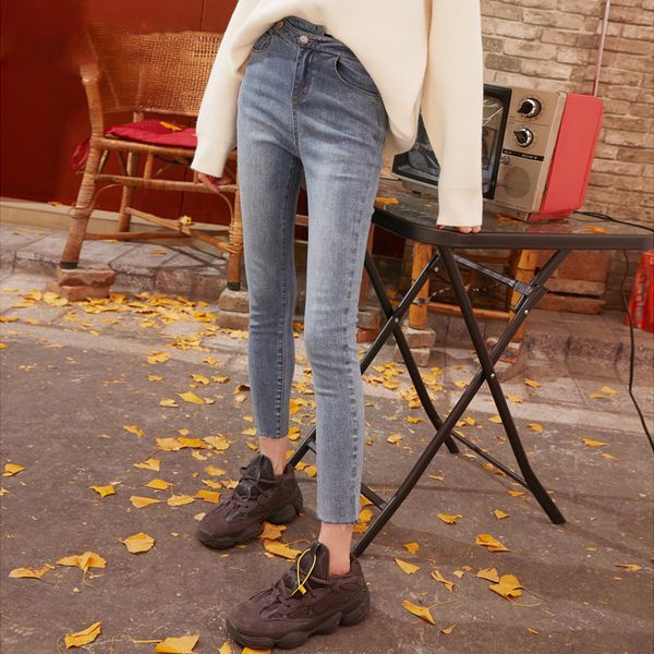 

blue solid high waist washed straight casual jeans woman 2020 spring black pure korean skinny office ladies basic pants
