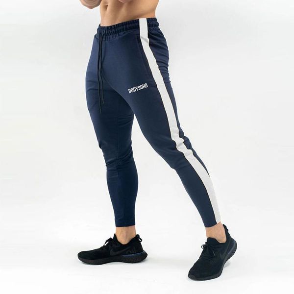 

new striped jogging pants men sport fitness bodybuilding sweatpants workout tights gym training pants joggers tight trousers, Black;blue