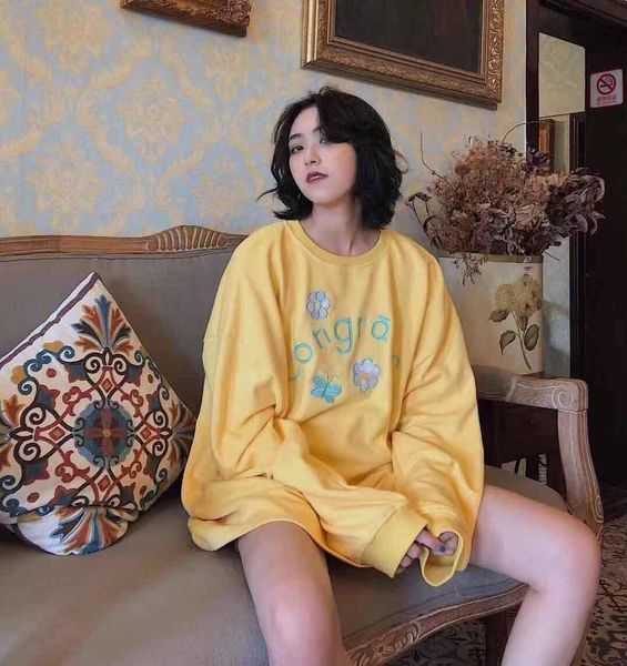 

new style women sweater casual fashion designer brand 360g pure cotton fabric loose large size chest embroidery size s- sweaters, White