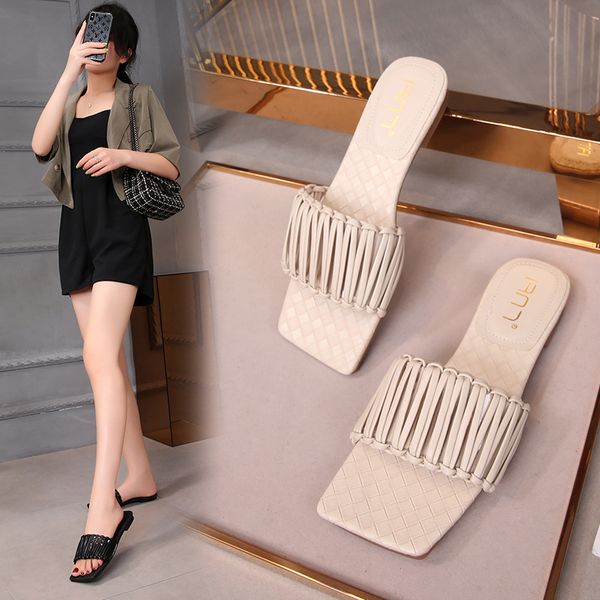 

shoes women slippers flat big size slides pantofle square toe soft summer 2020 rubber basic pu fabric rubber slippers shoes, Black