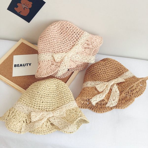 

cute princess style lace bowknot straw fisherman bucket bucket lace fisherman hat summer 2020 new korean style children's hat girl, Blue;gray