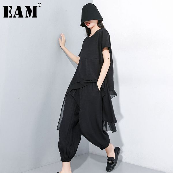 

eam] 2020 new spring autumn round neck short sleeve t-shirt black loose wide leg pants two piece suit women fashion jy33901, White