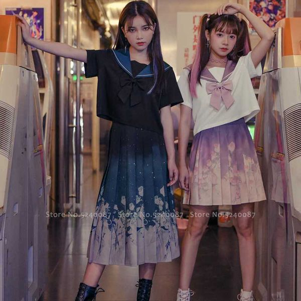 

girl anime japanese harajuku style navy sailor uniform set sweet jk suit gothic pleated skirt women school party cosplay costume, White