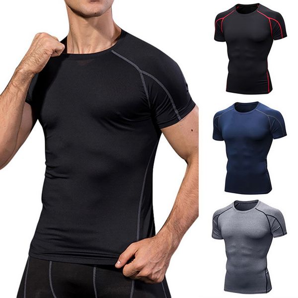 

горячие мужчины quick dry running футболка с коротким рукавом compression спорт tops плюс размер фитнес футбол трикотажные gym одежда телосл, Black;blue