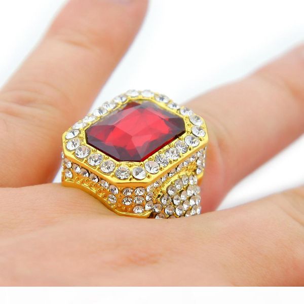 

s mens hip -hop full diamond rings micro pave crystal big red black green blue stone square gold silver color ring, Golden;silver