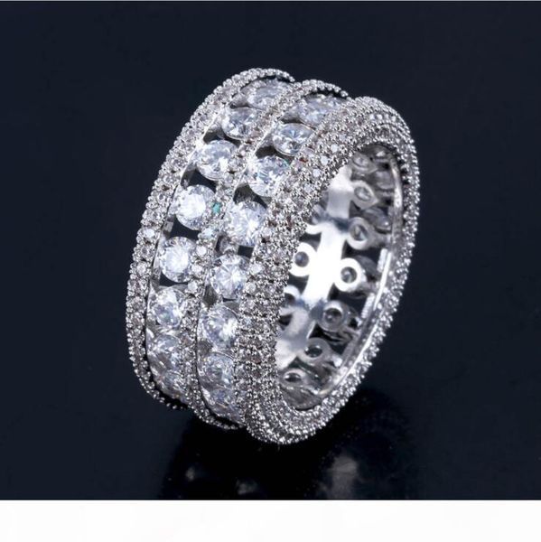 

s hip hop double row ring iced out rings micro pave cubic zircon promise diamond finger rings luxury designer brand personality gift, Silver