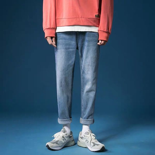 

v17ee loose nine-point pants denim men's summer new trend wide-leg pants, Blue