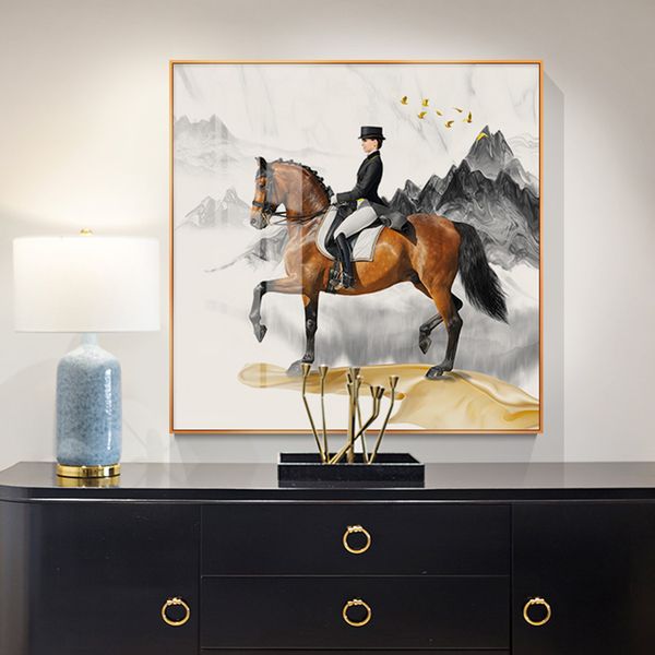 

modern black knight horses golden ribbon canvas art poster painting wall art picture for living room home decor (no frame