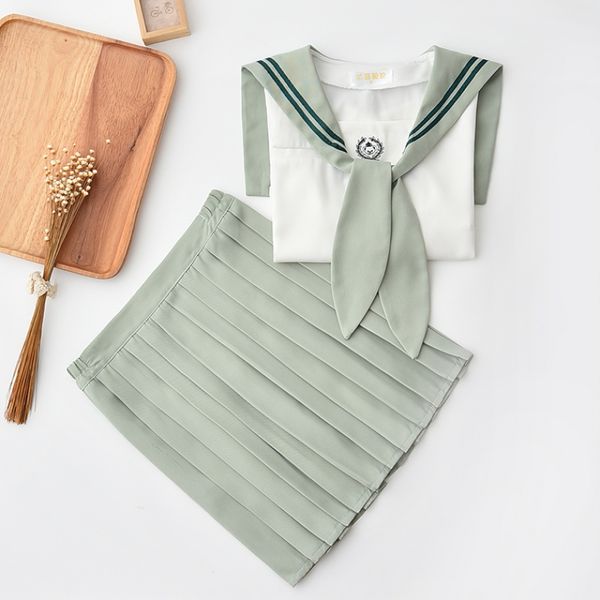 

sailor dress high end jk japanese school uniforms xl mint green sailor collar shirt and skirt with bow tie bear embroidery, White