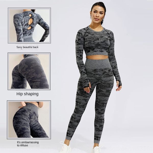 

new jacquard yoga pants women's long sleeve seamless fitness suit camouflage jacquard yoga pants sports suit, White;black