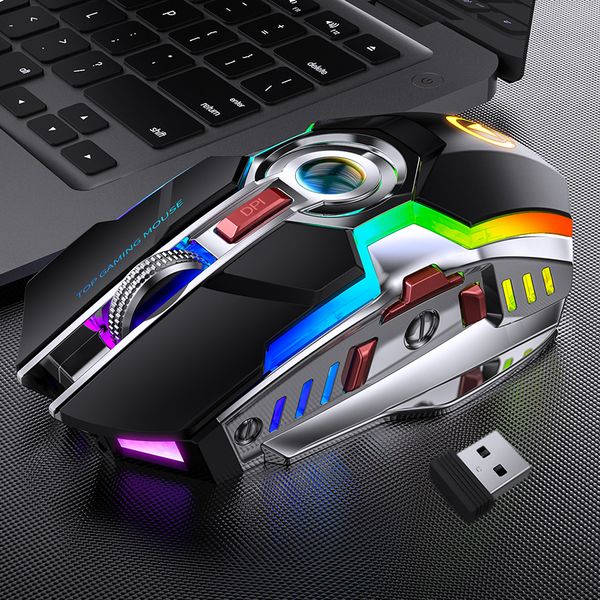 Drahtlose Gaming-Maus, wiederaufladbar, leise, LED-Hintergrundbeleuchtung, USB, optisch, ergonomisch, 7 Tasten, RGB-Hintergrundbeleuchtung, für Laptop, Computer, PS4, Xbox