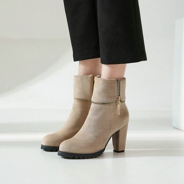

2020 flock faux suede woman's boots zipper block high heels elegant ladies heels booties big size 45 46 47 48 women ankle boots, Black