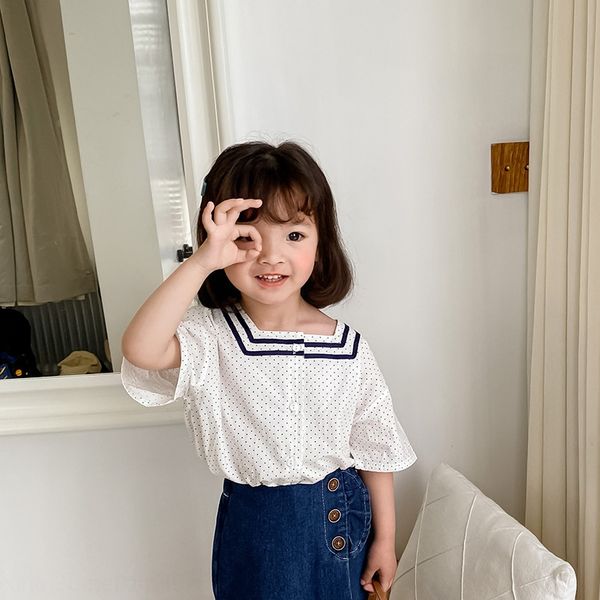 

ambb2020 summer new girls' navy style shirt polka dot small square collar korean style short sleeve shirt, White;black