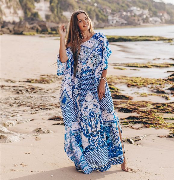 

rayon blue and white positioning printing loose beach sunscreen dress shirt bikini shirtshirt holiday dress bikini blouse, Black;red